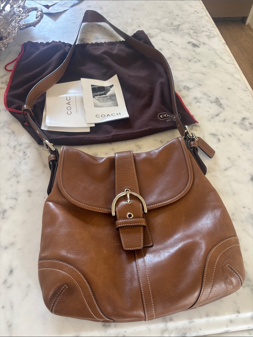 Coach Cognac Leather Shoulder Bag with Buckle Accent
